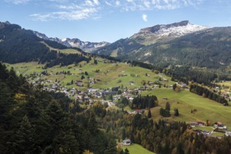 View of Hirschegg and the Kleinwalsertal valley, in the back of Hoher Ifen, Allgäu Alps,