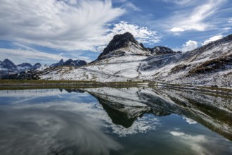 Kanzelwand is reflected in the reservoir, Kanzelwand snow-making pond, mountains of the Allgäu Alps