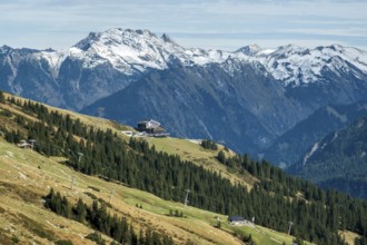 View of Nebelhorn, in the middle of Schlappoldsee station of the Fellhorn Railway, Oberstdorf,