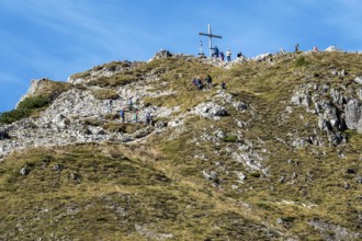Summit of the Kanzelwand with summit cross and people, Allgäu Alps, Allgäu, Vorarlberg, Austria