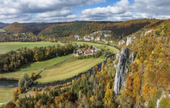 Aerial view, panorama of Käppeler estate with the St. George's Basilica near Thiergarten in the