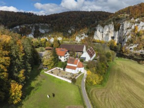 Aerial view of Käppeler Manor with St. George's Basilica near Thiergarten in the Upper Danube