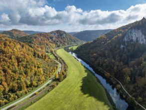 Aerial view of Upper Danube Valley surrounded by autumn vegetation, Sigmaringen district,
