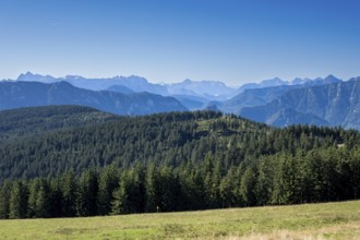 View from Stoisser Alm in Chiemgau of the Berchtesgaden and Chiemgau Alps and the wooded Teisenberg