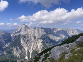 View of the peaks and plateaus of the Reither Alm in the Berchtesgaden National Park, with