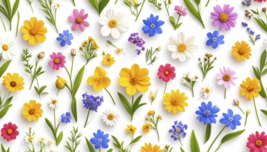 Vibrant wildflowers and grass create a colorful and joyful floral pattern, Variety of wild flowers,