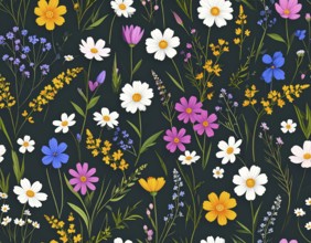Vibrant wildflowers and grass create a colorful and joyful floral pattern, Variety of wild flowers,