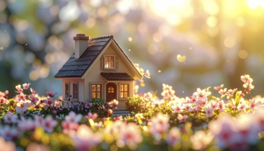 A miniature house surrounded by blooming cherry blossoms and warm sunlight, creating a peaceful and