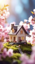 A miniature house surrounded by blooming cherry blossoms and warm sunlight, creating a peaceful and
