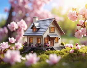 A miniature house surrounded by blooming cherry blossoms and warm sunlight, creating a peaceful and