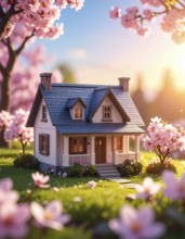 A miniature house surrounded by blooming cherry blossoms and warm sunlight, creating a peaceful and