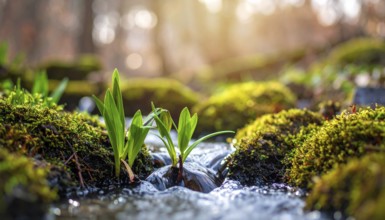 Beautiful spring detailed stream of fresh water, vibrant blooming young green plants, wallpaper