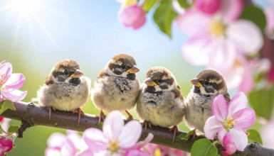 Small funny Sparrow Chicks sit in the garden surrounded by pink Apple blossoms on a Sunny may day,