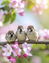 Small funny Sparrow Chicks sit in the garden surrounded by pink Apple blossoms on a Sunny may day,