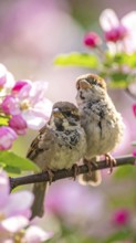 Small funny Sparrow Chicks sit in the garden surrounded by pink Apple blossoms on a Sunny may day,