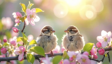 Small funny Sparrow Chicks sit in the garden surrounded by pink Apple blossoms on a Sunny may day,