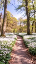 A tranquil forest path lined with white flowers, surrounded by tall trees and bathed in soft