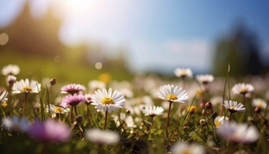 A sunny meadow with daisies in full bloom under bright sunlight, creating a vibrant and cheerful