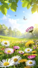 A sunny meadow with daisies in full bloom under bright sunlight, creating a vibrant and cheerful