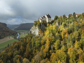 Aerial view of Werenwag Castle and former Werenwag Castle on a rocky spur in the Upper Danube