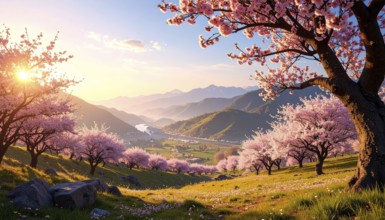Landscape with a blooming apricot tree, idilyc spring nature, green grass and mountains in