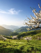 Landscape with a blooming apricot tree, idilyc spring nature, green grass and mountains in