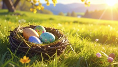 Nest with easter eggs in a basket on grass, sunny spring day, fresh beautiful landscape at