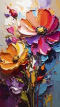 Closeup of abstract rough colorful multicolored organic floral spring flowers art painting texture,