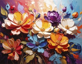 Closeup of abstract rough colorful multicolored organic floral spring flowers art painting texture,