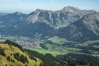 View from Söllerkopf of Oberstdorf and Illertal, behind Nebelhorn, Rubihorn and Schattenberg,