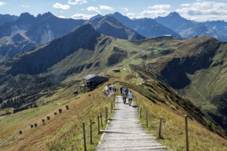 Way to the Fellhorn summit, Fellhorn cable car summit station and mountains of the Allgäu Alps,