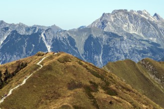 View of Schlappoldkopf with Fellhorn ridge hiking trail, Nebelhorn behind, Oberstdorf, Oberallgäu,