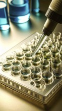Pipette approaches a golden multiwell plate amid warm lab glow, Pipette dispensing a liquid onto a