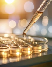 Amber light highlights a pipette poised above circular wells, Pipette dispensing a liquid onto a