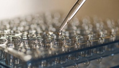 A suspended droplet approaches glass wells on a cool-toned lab plate, Pipette dispensing a liquid