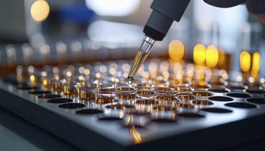 A forming droplet glints above metal wells lit by amber lab lights, Pipette dispensing a liquid