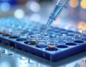 Blue reagent drips into a microplate amid glowing bokeh and crisp reflections, evoking a cool,