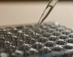 A single droplet hovers at a pipette tip above a microplate bathed in warm, soft light, Pipette
