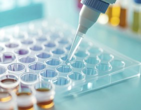 A micropipette releases a droplet into a clear 96-well plate under cool, sterile lab light, Pipette