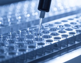 Blue-toned lab scene with a pipette poised above a microplate in crisp, cool light, Pipette