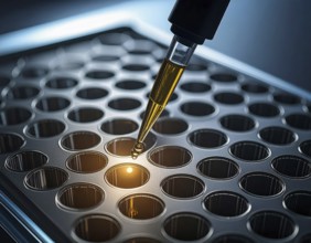 A pipette dispenses amber reagent into a dark microplate with dramatic contrast, Pipette dispensing