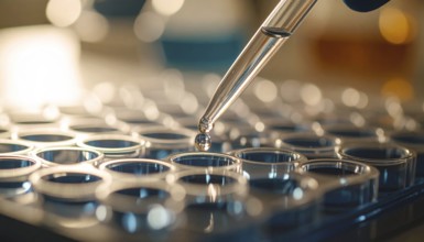 A droplet descends from a pipette toward reflective wells under mixed warm and cool light, Pipette