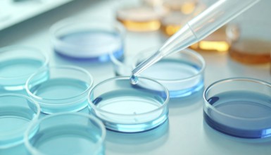 A pipette releases a drop into blue petri dishes in a bright clinical setting, Pipette dispensing a