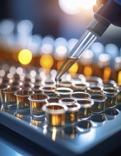 A pipette releases a drop toward glowing wells filled with warm reagent, Pipette dispensing a