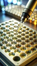 A precision pipette targets golden microplate wells in a vibrant lab scene, Pipette dispensing a