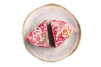 Chocolate cake isolated on white background, top view, flat lay, close up