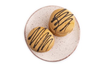 Caramel Cream Cakes isolated on white background, top view, flat lay, close up