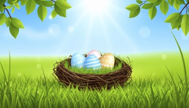 Nest with easter eggs in grass on a sunny spring day, Easter wallpaper decoration drawing, banner,