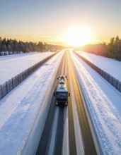 Petrol cargo truck lorry tanker driving on highway hauling oil products at sunrise, wide snowy