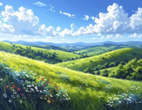 Fresh summer hilly Landscape with blooming Meadow, green plants, Blue Sky with cloudy sky, serene